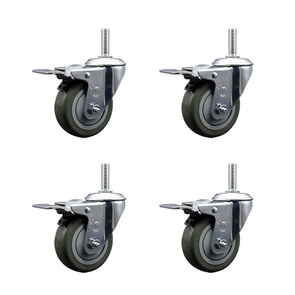 35 Inch Gray Polyurethane Swivel 58 Inch Threaded Stem Caster Set with Total Lock Brake